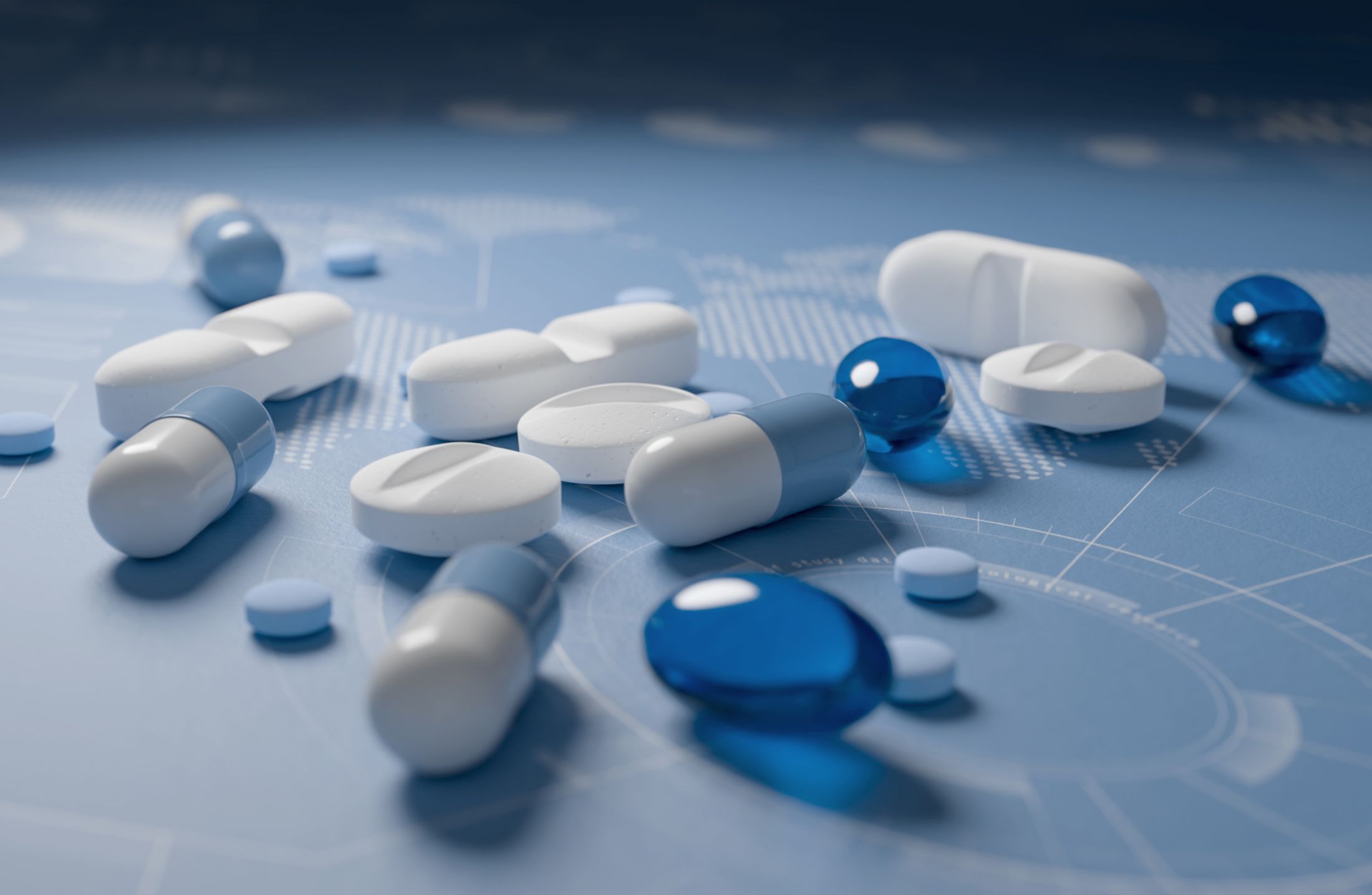 Vários comprimidos e cápsulas coloridas negativa de ibrance